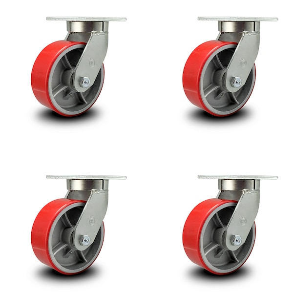 8 Inch Extra Heavy Duty Red Poly on Cast Iron Wheel Swivel Caster, 4PK